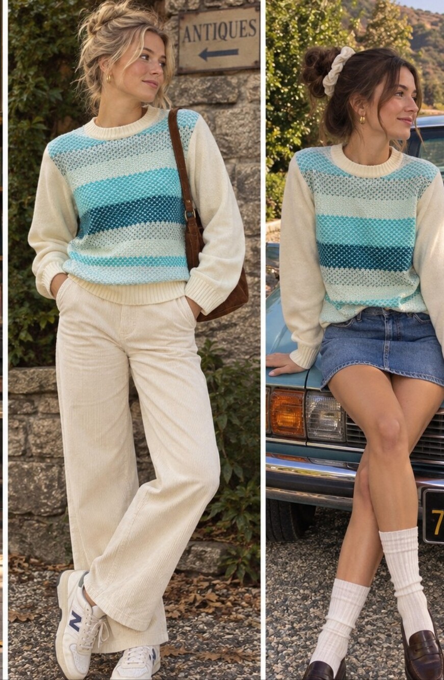 VINTAGE BEDFORD FAIR Blue and Cream Women's Sweater 🩵